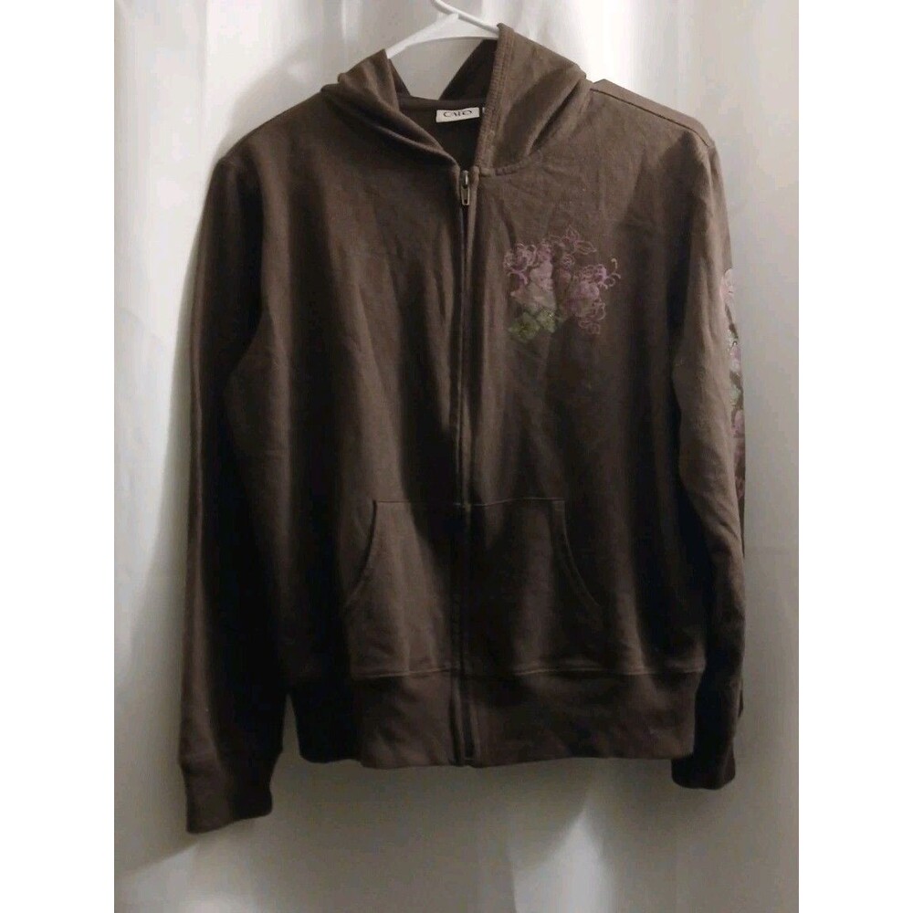 Cato Women's Long Sleeve Zip Up Hoodie Size M Brown W/Floral Accents